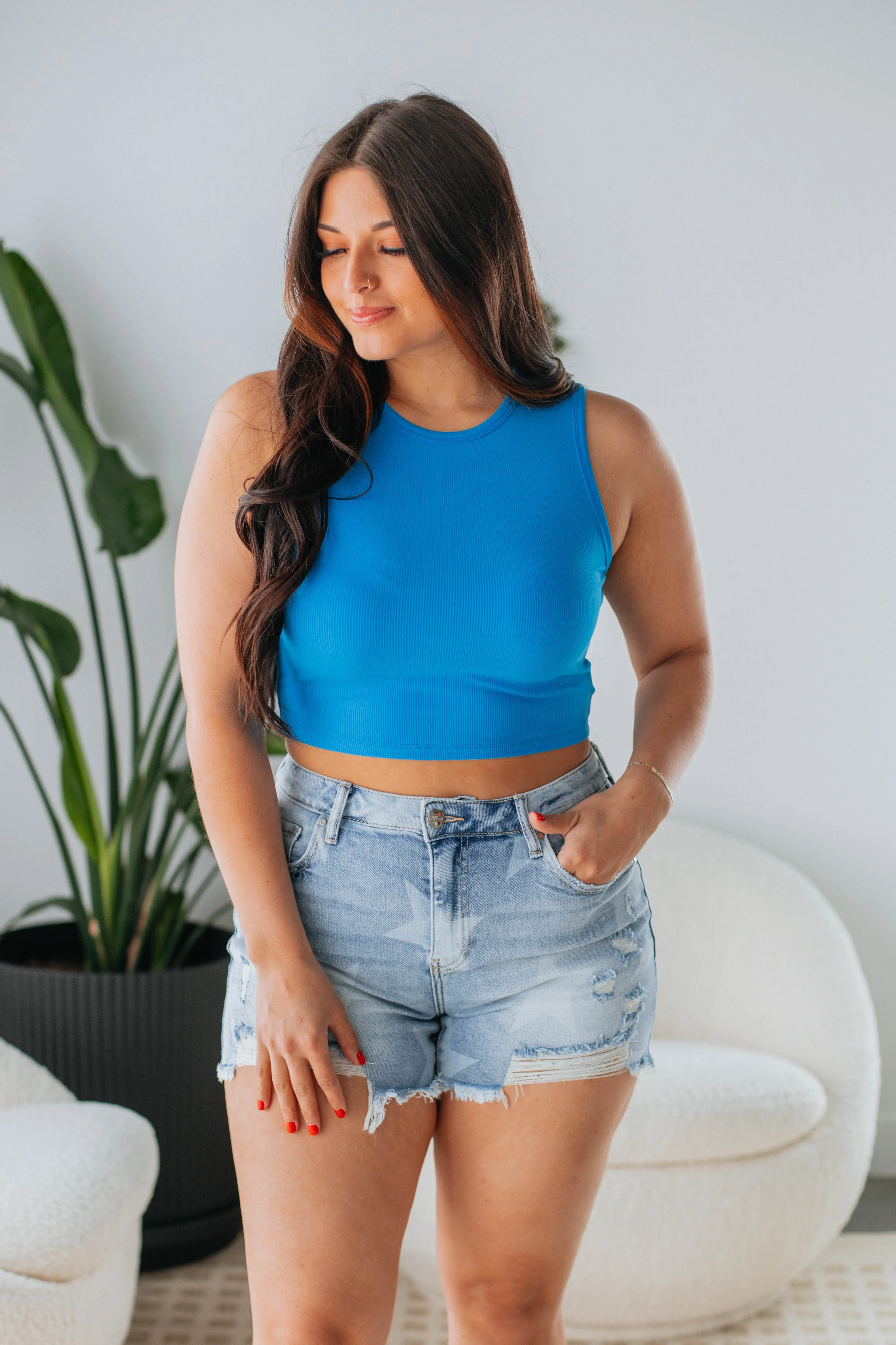 Willa Ribbed Tank - Cerulean Fresh Flexible Cross Back Ventilation Design