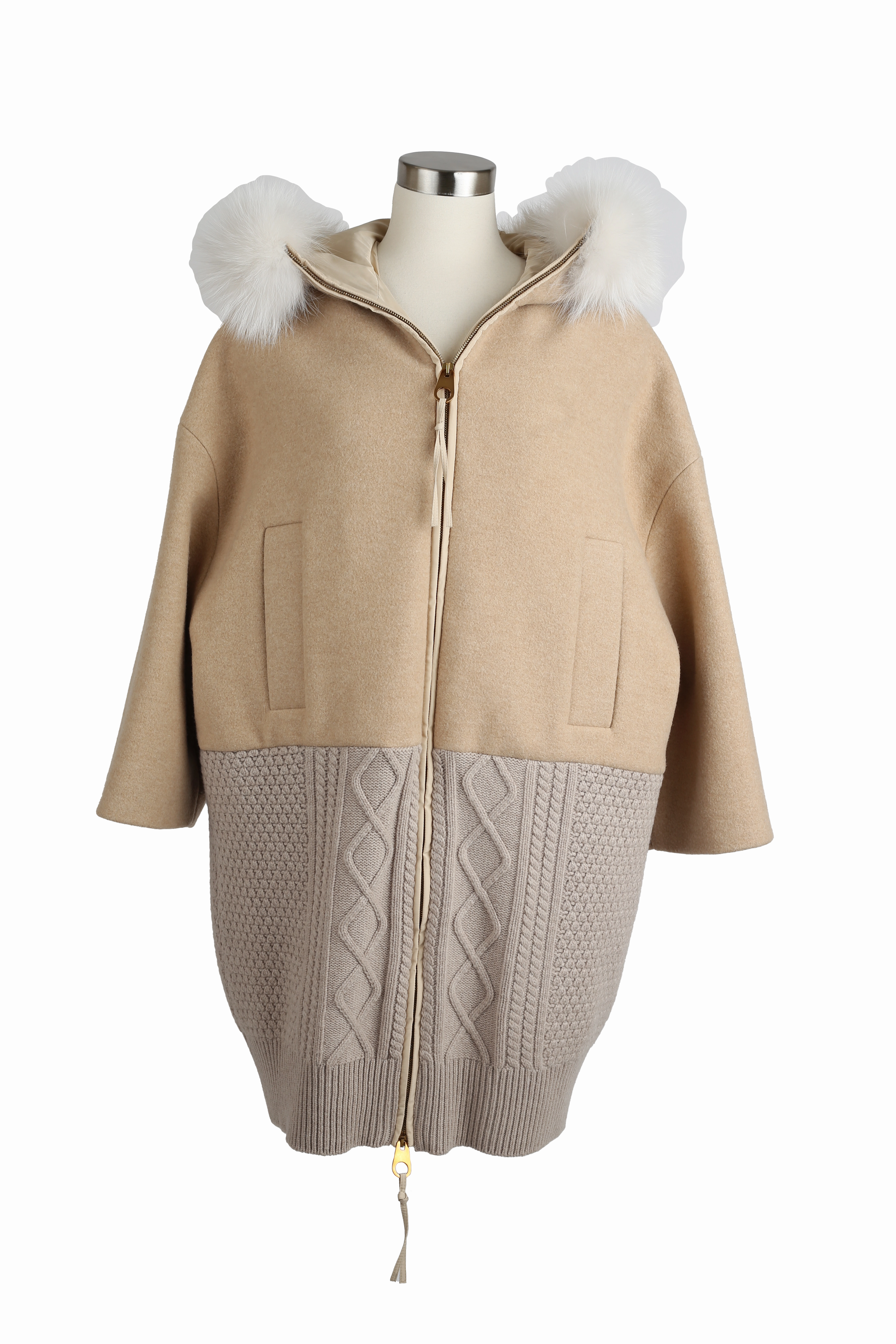 Wool-Cashmere Fur Trim Coat Many Pockets Practical Everyday Fit