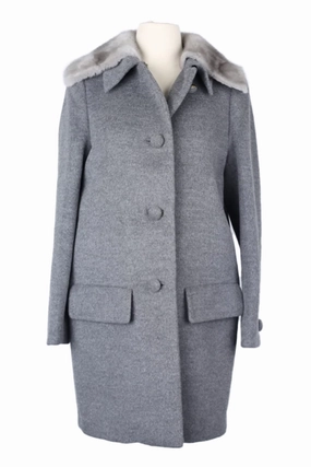 Wool Dress Coat W/ Mink Fur Collar Monochrome Look Eco Friendly Fabric