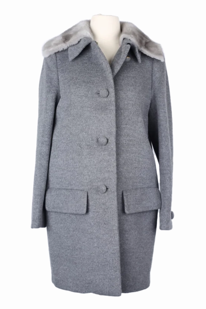 Wool Dress Coat W/ Mink Fur Collar Monochrome Look Eco Friendly Fabric