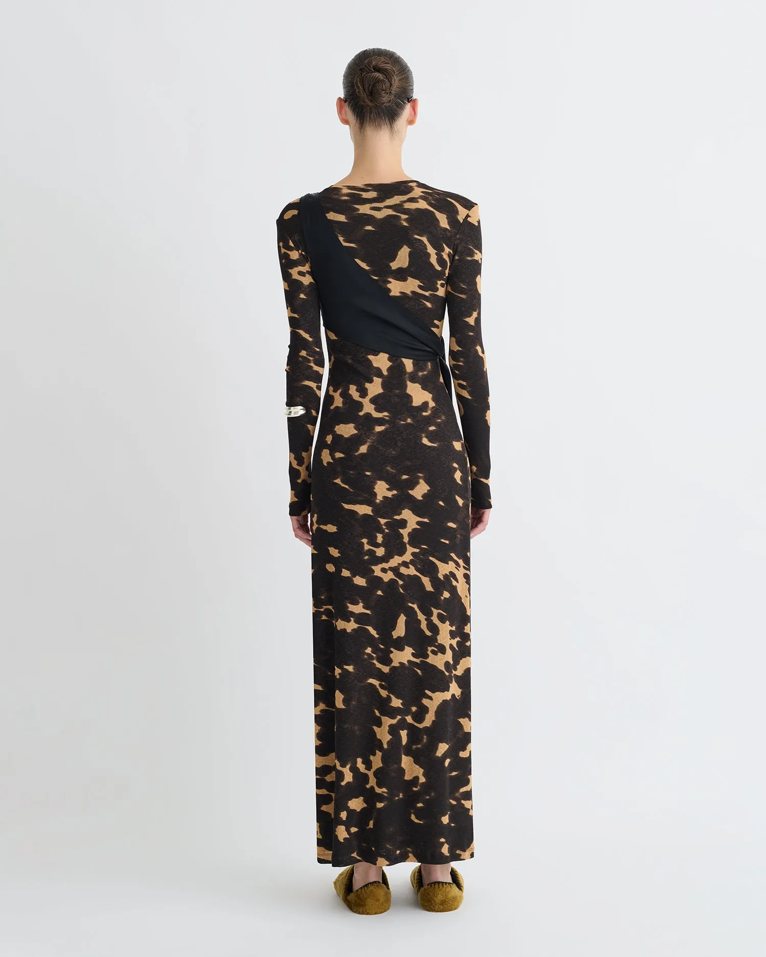 Yura - Mesh Jersey/Slip Satin Long Dress - Midnight Mocha Apricot/Black Scandi Clean Crisp Detail