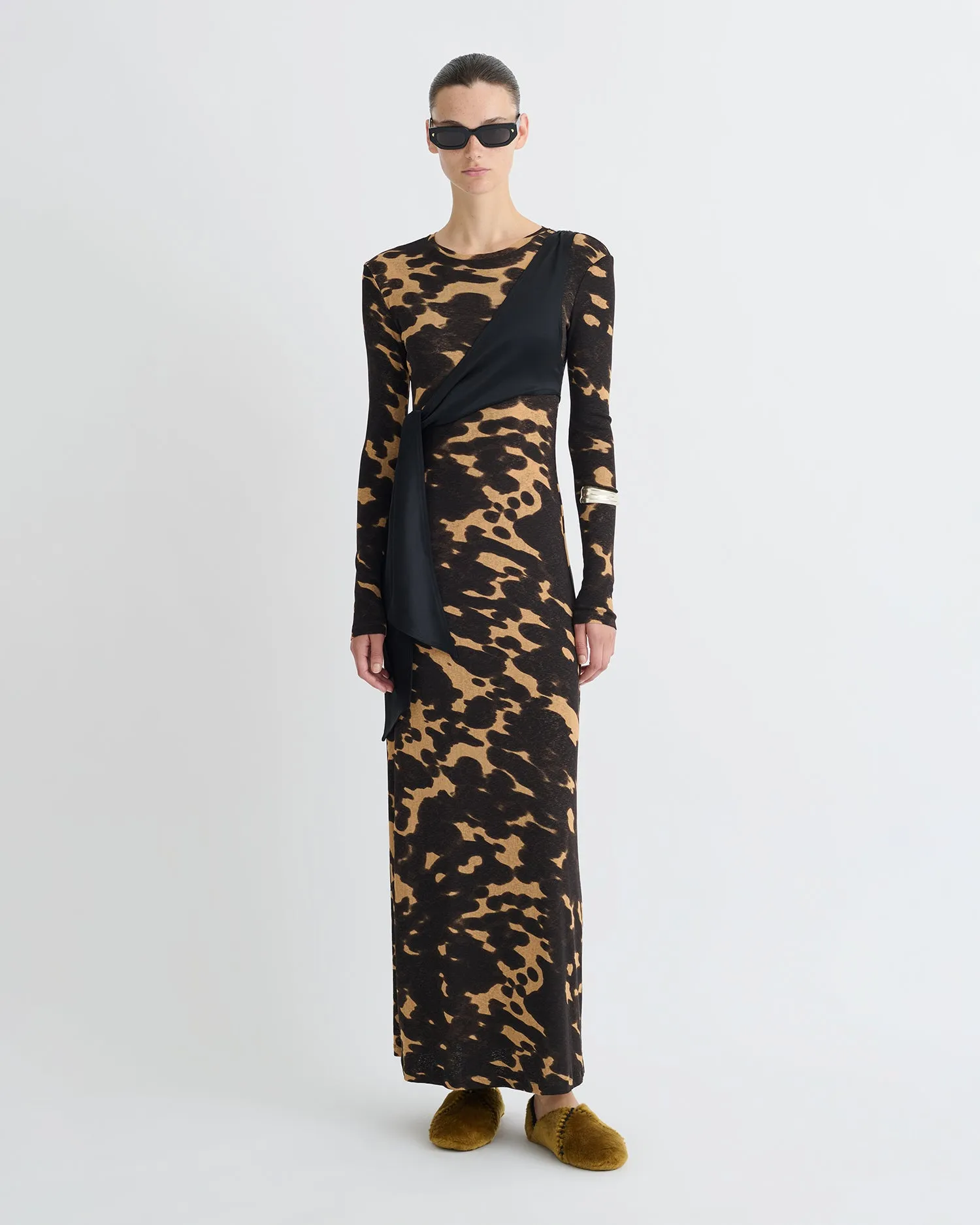 Stylish Design Boho Tone Yura - Mesh Jersey/Slip Satin Long Dress - Midnight Mocha Apricot/Black