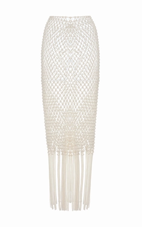 Breezy Style Zana Fringe Macrame Maxi Skirt in Ivory Silk