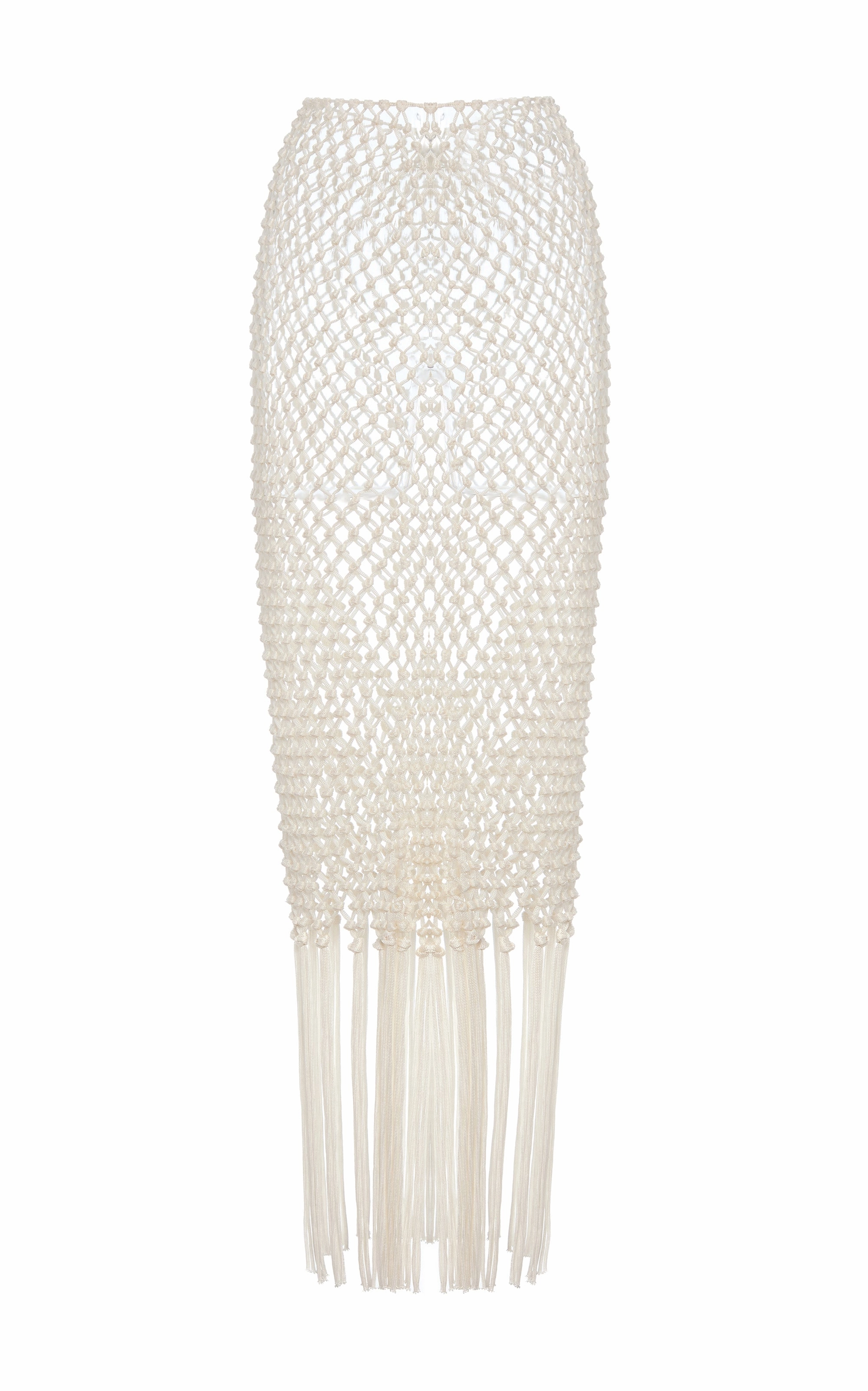 Breezy Style Zana Fringe Macrame Maxi Skirt in Ivory Silk