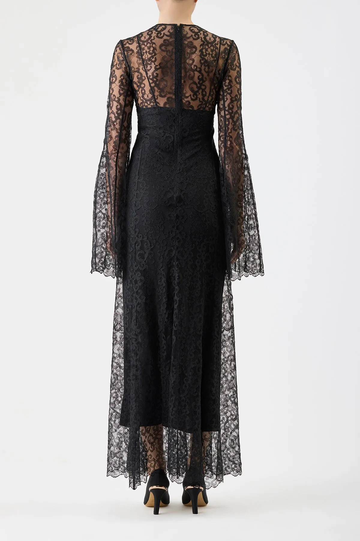 Moment Light Satin Layers Zimmer Sheer Maxi Dress with Slip in Black Silk Lace