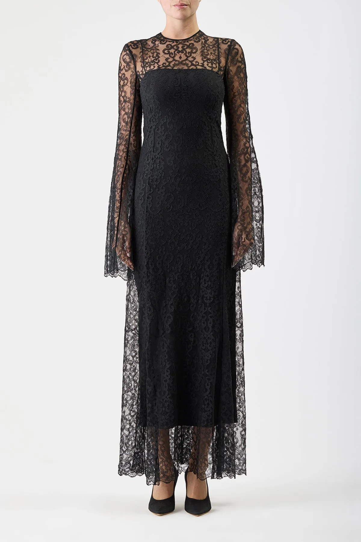 Zimmer Sheer Maxi Dress with Slip in Black Silk Lace Neutral Mood Velvet-Touch