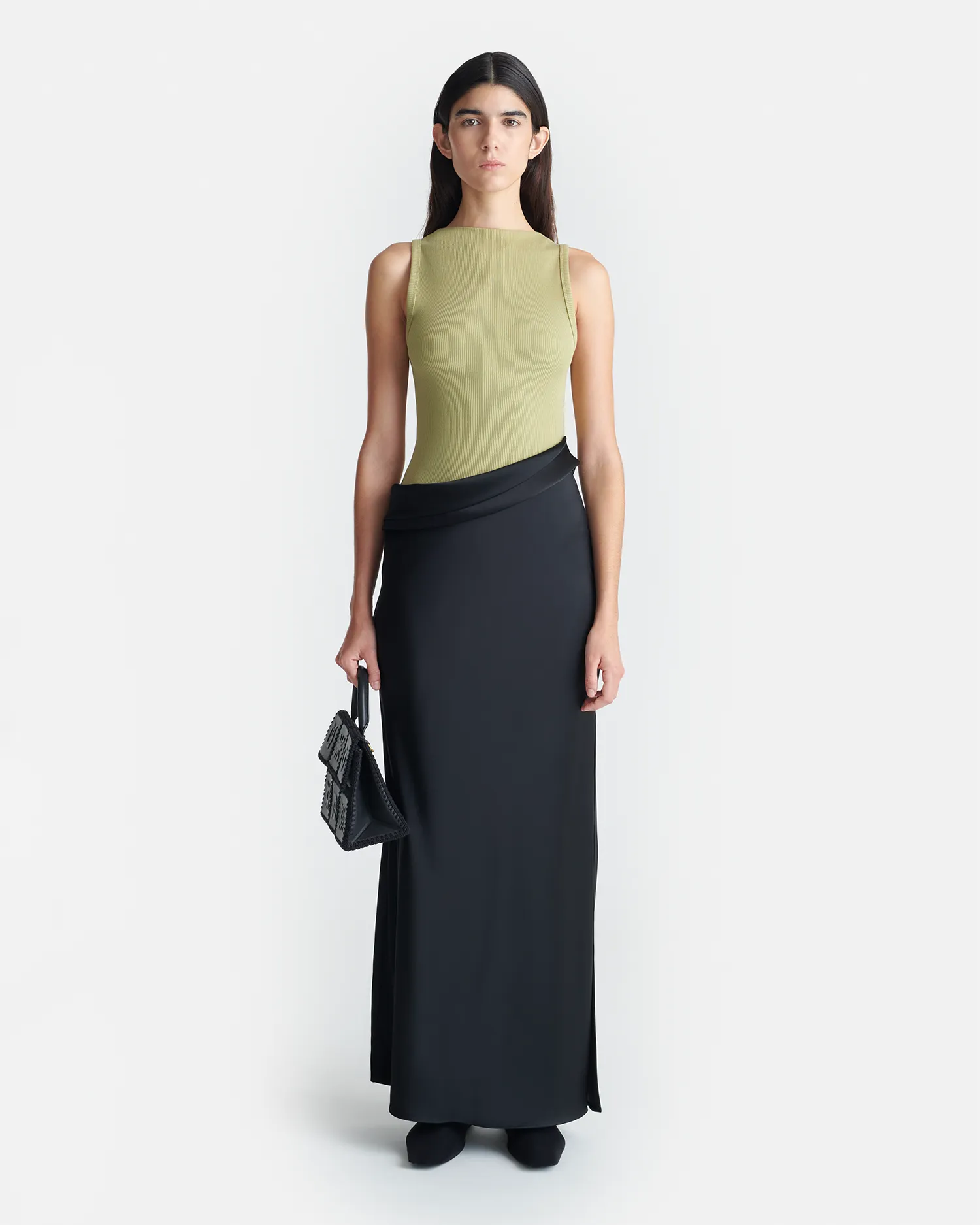 Daytime Mood Scandi Light Cobee - Ribbed Jersey and Slip Satin Dress - Black/Olive Green