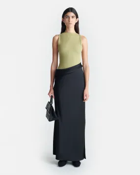 Understated Elegance Relaxed Waistband Cobee - Ribbed Jersey and Slip Satin Dress - Black/Olive Green