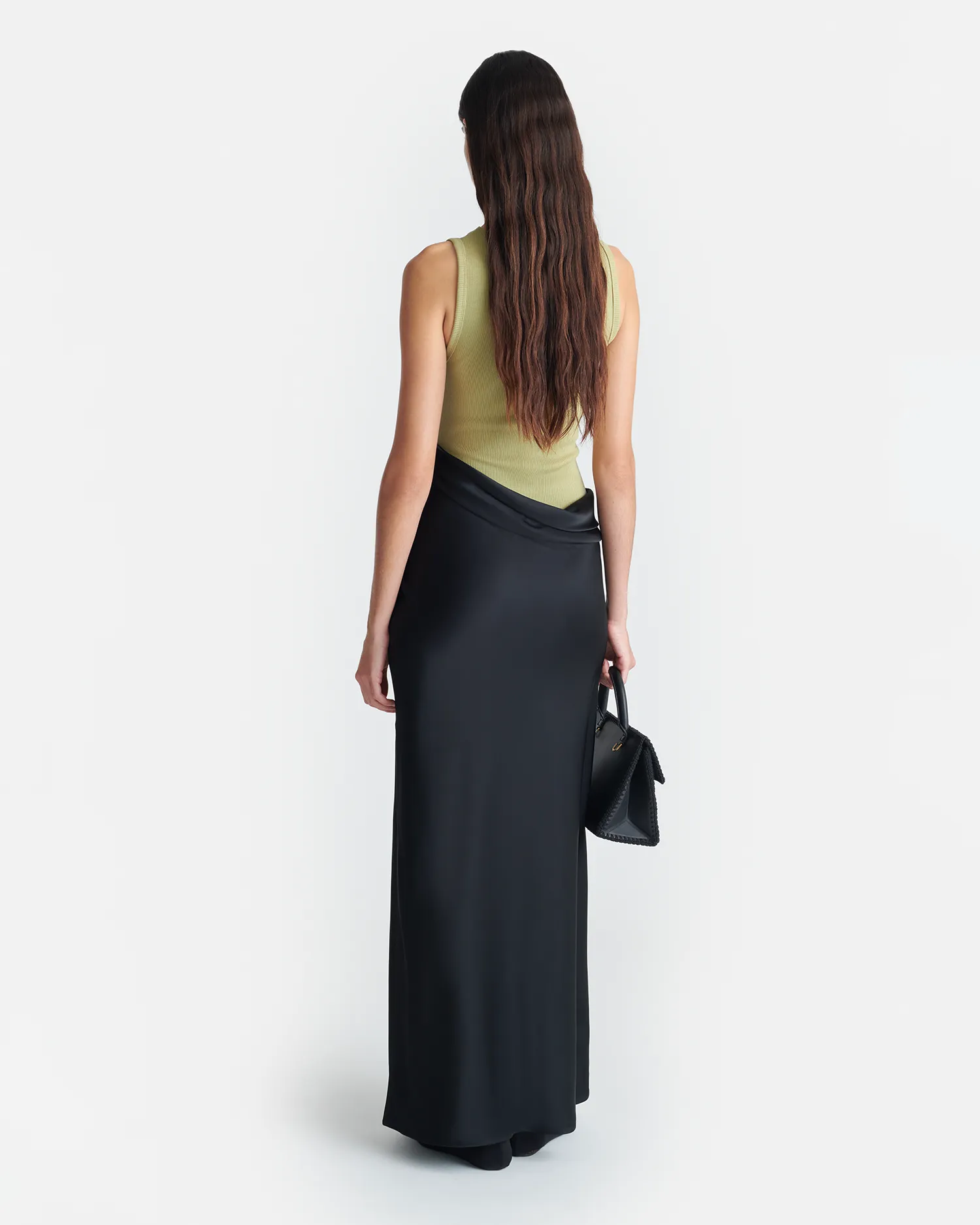 Cobee - Ribbed Jersey and Slip Satin Dress - Black/Olive Green Sleek Vibe Silk Flow